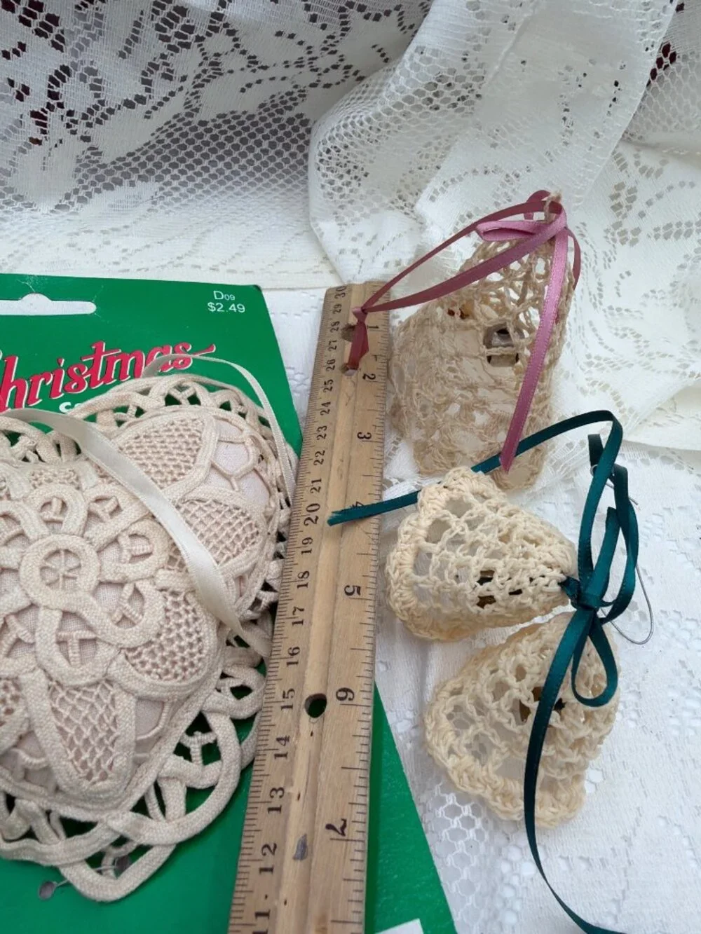 Vintage Lace Heart & Crochet Bell Christmas Ornaments Glass Icicle Accent Set Of